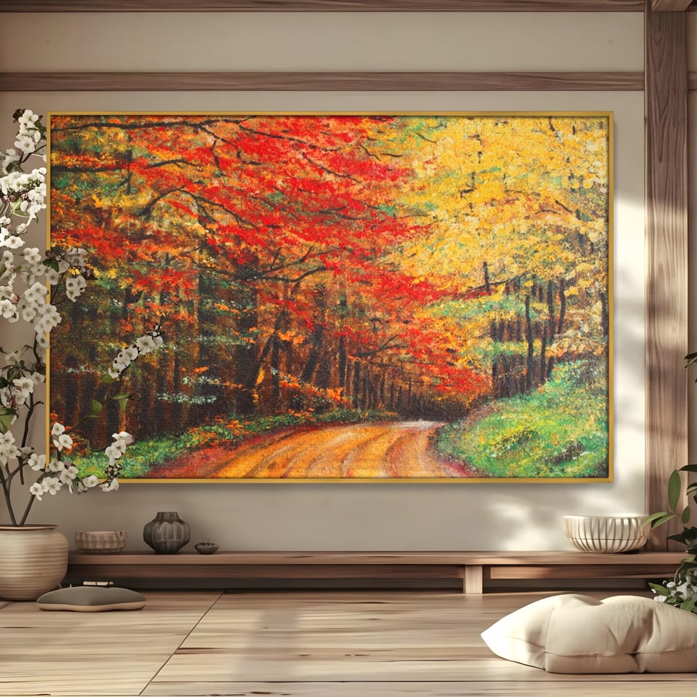 Tablou canvas cu pictura peisaj cu drum prin padure toamna, in rama de aluminiu auriu